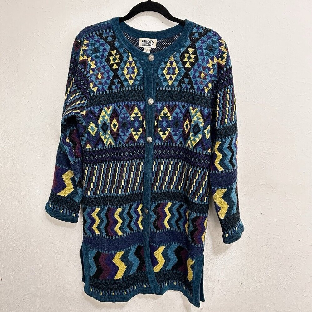VTG Chico's Design Cardigan Long Line Heavy Sz 0, XS Aztec Tribal Southwestern